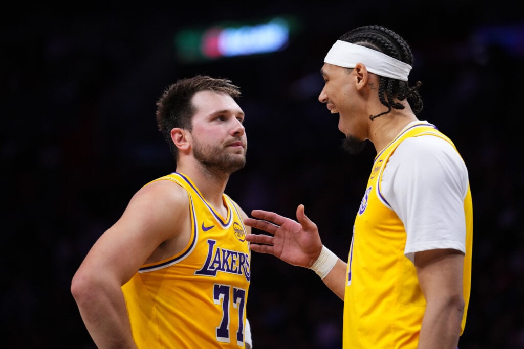 Jaxson Hayes #11 reacts after Luka Doncic #77 of the Los Angeles Lakers draws a foul against the Miami Heat during the first quarter at Kaseya Center.