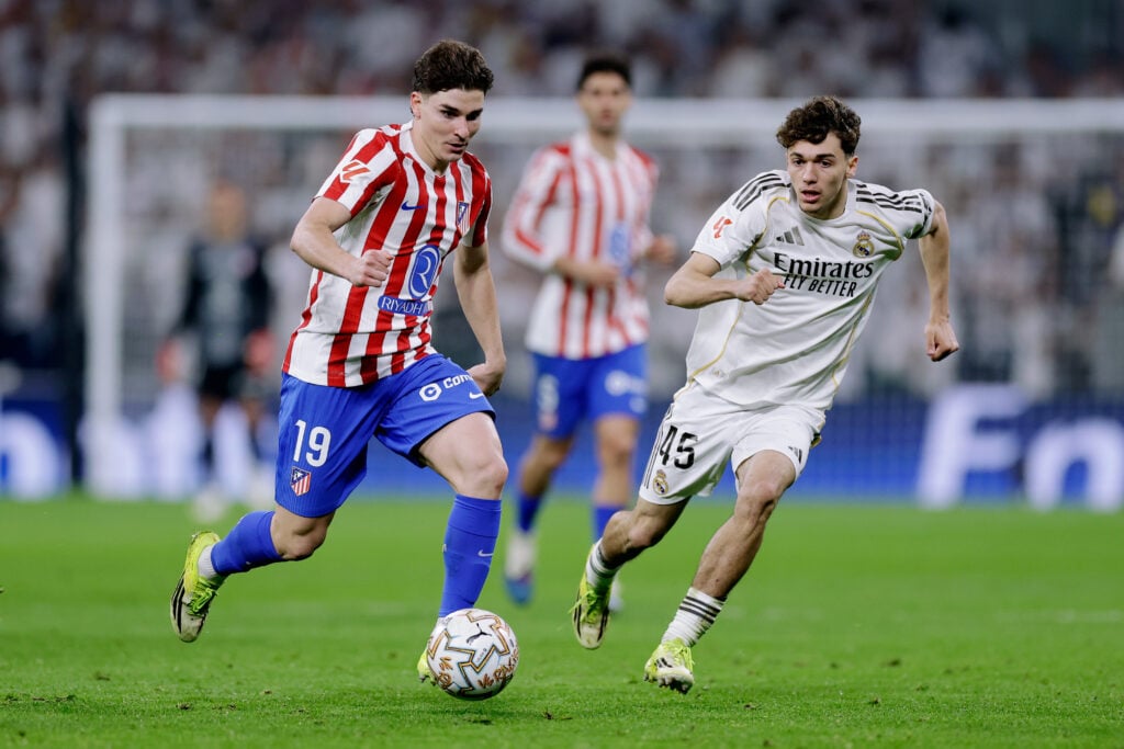 Julian Alvarez of Atletico Madrid, Thiago Pitarch of Real Madrid during the LaLiga EA Sports match between Real Madrid v Atletico Madrid at the Estadio Santiago Bernabeu on March 22, 2026