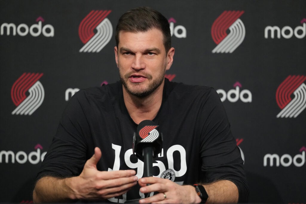 Acting head coach Tiago Splitter of the Portland Trail Blazers speaks to the media prior to the game against the Dallas Mavericks at Moda Center.