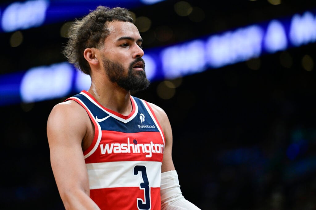 Trae Young #3 of the Washington Wizards looks on during a game against the Boston Celtics at TD Garden on March 14, 2026 in Boston, Massachusetts.
