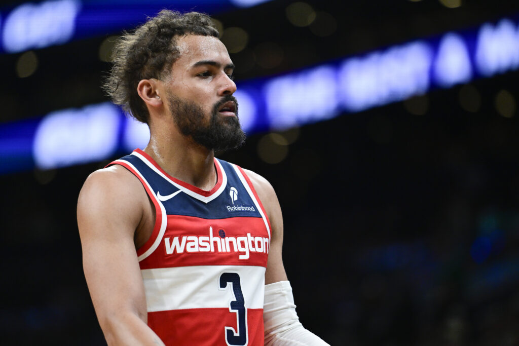 Trae Young #3 of the Washington Wizards looks on during a game against the Boston Celtics at TD Garden.