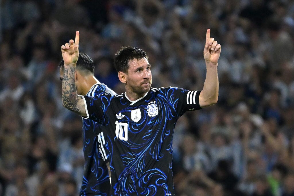Lionel Messi of Argentina celebrates after scoring his team's second goal during the international friendly match between Argentina and Zambia
