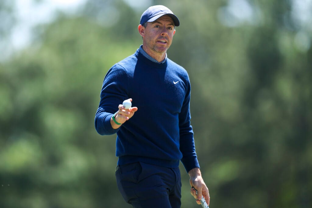 Rory McIlroy of Northern Ireland reacts on the eighth green during the first round of the 2026 Masters Tournament at Augusta National Golf Club