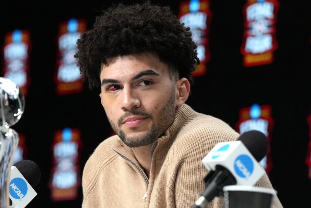 Cameron Boozer of the Duke Blue Devils addresses the media after being named the AP player of the year at the National Championship of the 2026 NCAA Men's Basketball Tournament between the Michigan Wolverines and the Connecticut Huskies at Lucas Oil Stadium.