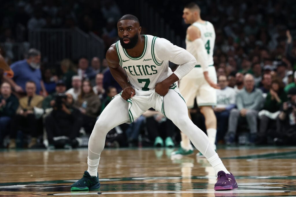 Jaylen Brown #7 of the Boston Celtics during Game One of the Eastern Conference First Round NBA Playoffs against the Philadelphia 76ers at TD Garden on April 19, 2026 in Boston, Massachusetts.