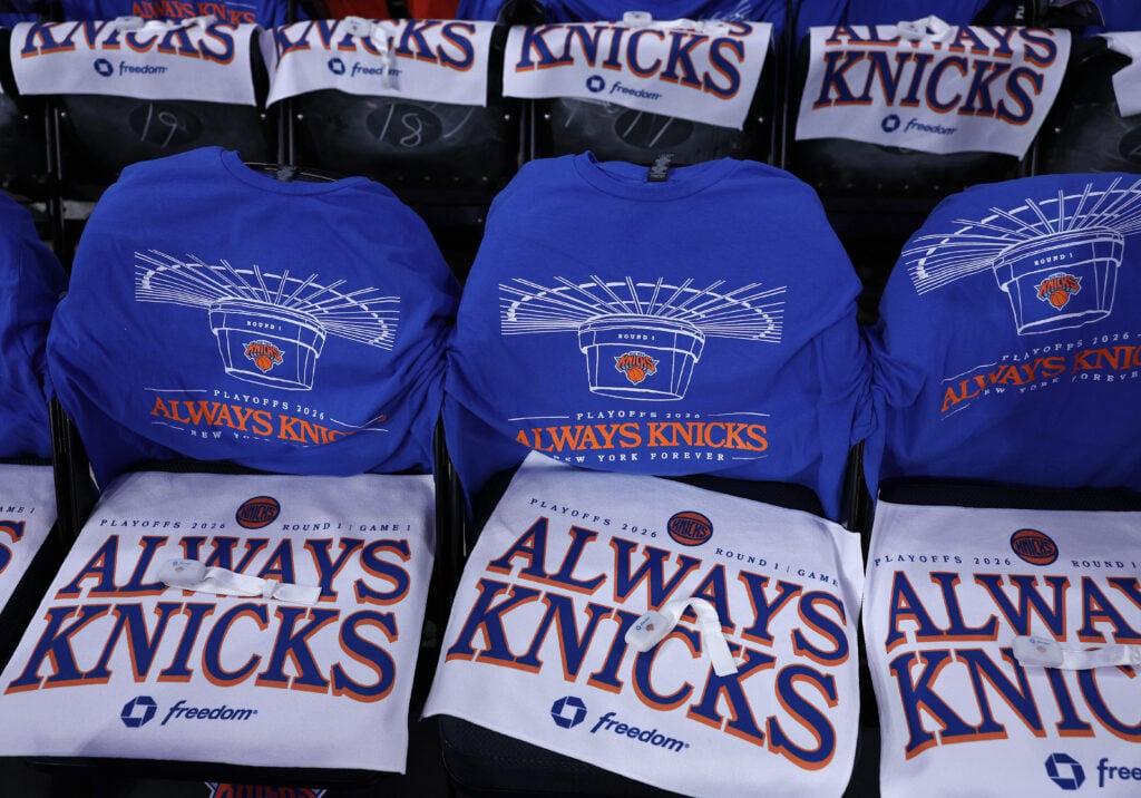 Shirts, rally towels and lights are seen on the seats before Game One of the Eastern Conference First Round NBA Playoffs at Madison Square Garden.
