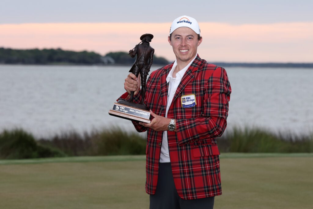 Matthew Fitzpatrick of England poses with the winner's trophy after winning the RBC Heritage 2026 at Harbour Town Golf Links