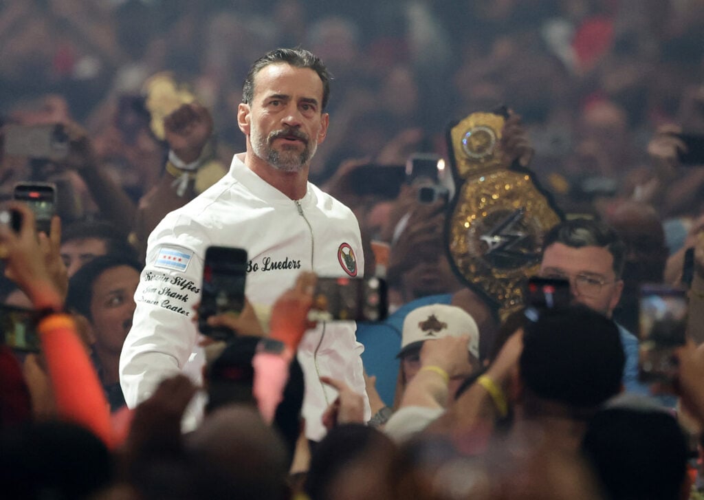 CM Punk is introduced before his match against Roman Reigns for the World Heavyweight Championship during WrestleMania 42