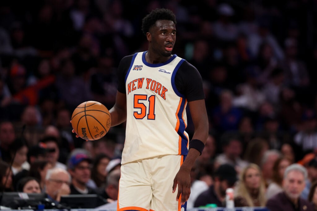 Mohamed Diawara #51 of the New York Knicks dribbles during the second half against the Charlotte Hornets at Madison Square Garden