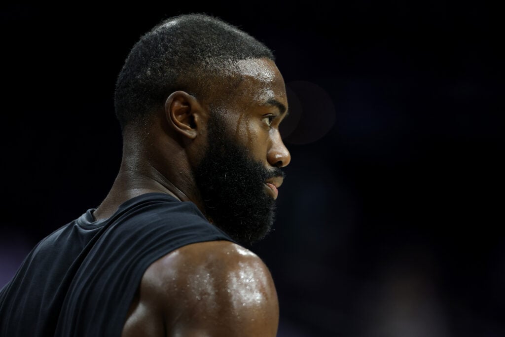 Jaylen Brown #7 of the Boston Celtics looks on during warmups before game four of the Eastern Conference first round playoffs against the Philadelphia 76ers at Xfinity Mobile Arena on April 26, 2026 in Philadelphia, Pennsylvania.