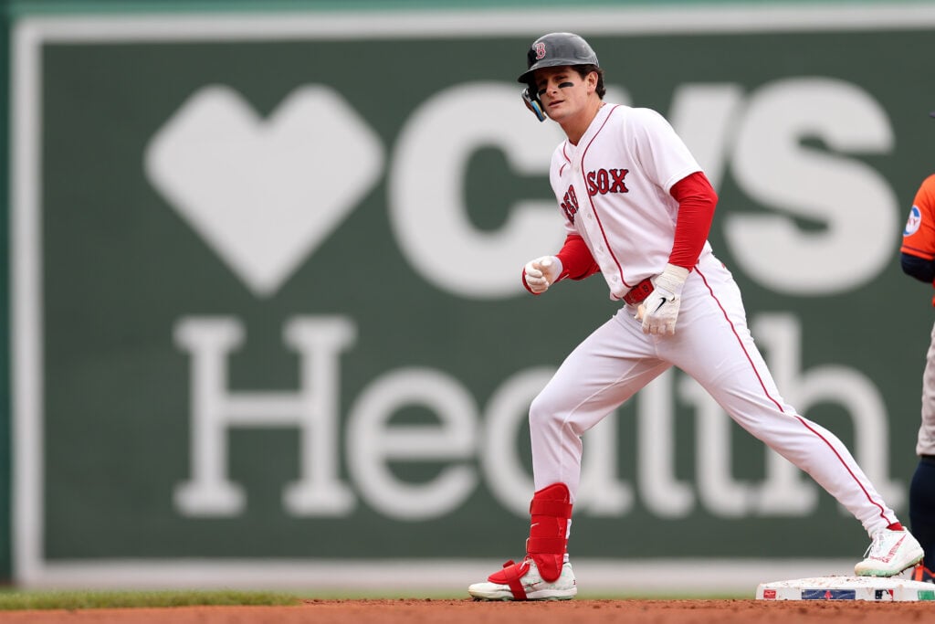 Roman Anthony #19 of the Boston Red Sox celebrates after hitting a double against the Houston Astros during the fourth inning.