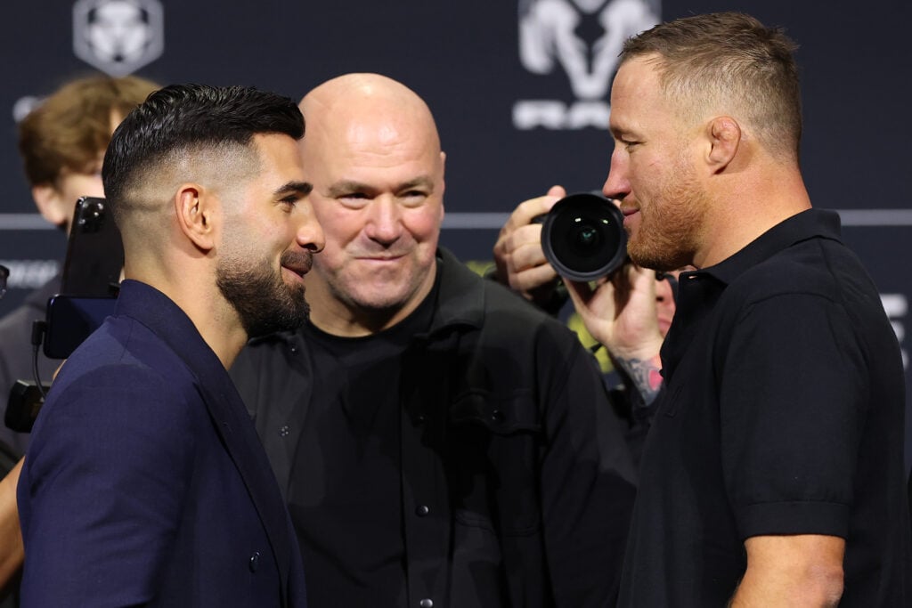 Opponents Ilia Topuria and Justin Gaethje face off during the UFC Freedom 250 press conference at Prudential Center on May 08, 2026 in Newark, New Jersey.