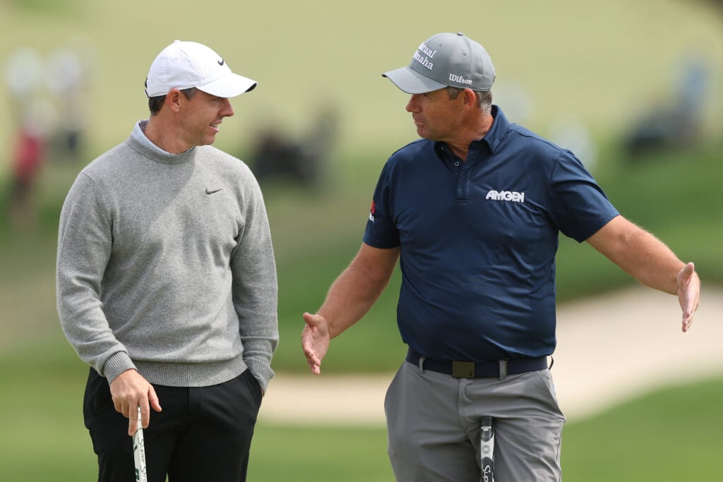 Rory McIlroy and Padraig Harrington speak in a practice round ahead of the 2026 PGA Championship