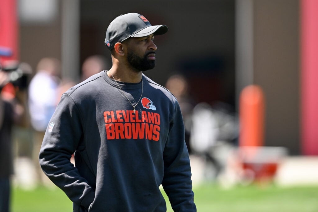 Executive vice president, football operations & general manager Andrew Berry of the Cleveland Browns watches a drill during a voluntary veteran minicamp at CrossCountry Mortgage Campus.