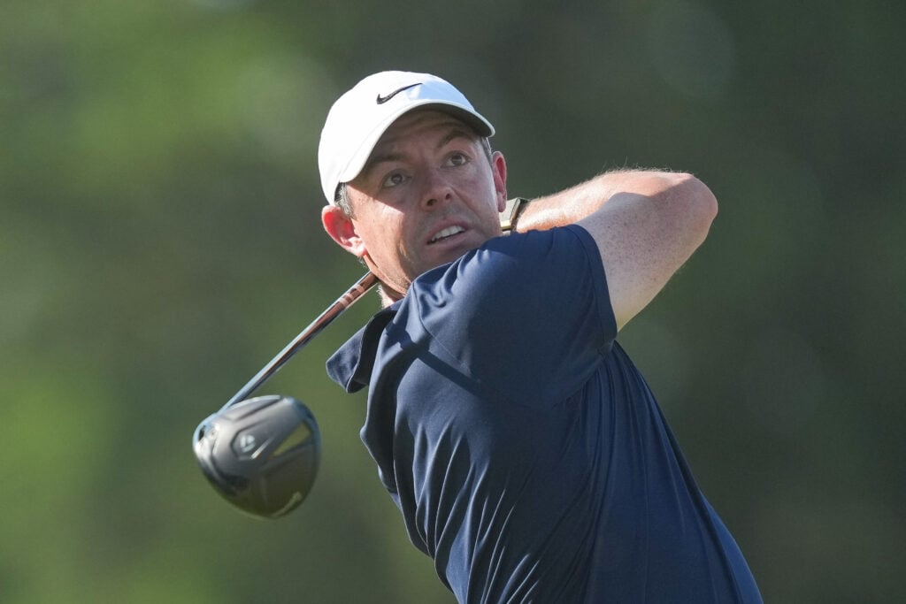 Rory McIlroy hits a tee shot during the final round of the PGA Championship