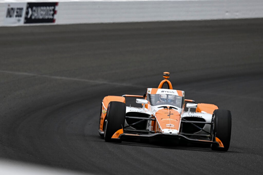 Christian Lundgaard (7) Velo Arrow McLaren Chevrolet drives through turn one during practice on NTT IndyCar Series Miller Lite Carb Day on May 22, 2026, at the Indianapolis Motor Speedway in Indianapolis, Indiana.
