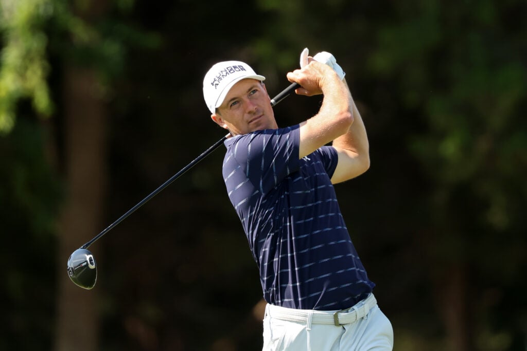 Jordan Spieth of the United States plays a shot from the eighth tee during the final round of THE CJ CUP Byron Nelson 2026 at TPC Craig Ranch
