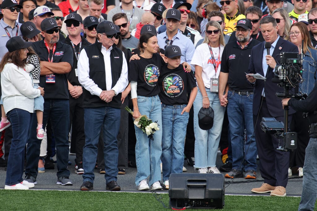 NASCAR Hall of Famer and RCR team owner, Richard Childress, Samantha Busch (wife) Brexton Busch (son) and NASCAR Chief Executive Officer Steve O’Donnell at the remembrance ceremony for Kyle Busch, who passed away suddenly at the age of 41, on the grid prior to the NASCAR Cup Series Coca-Cola 600 at Charlotte Motor Speedway on May 24, 2026 in Concord, North Carolina.