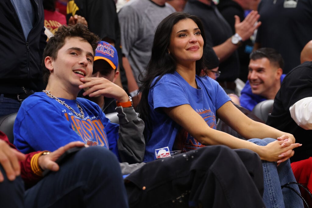 Actor Timothée Chalamet and Kylie Jenner attend Game Four of the NBA Eastern Conference Finals between the Cleveland Cavaliers and the New York Knicks at Rocket Arena on May 25, 2026 in Cleveland, Ohio.