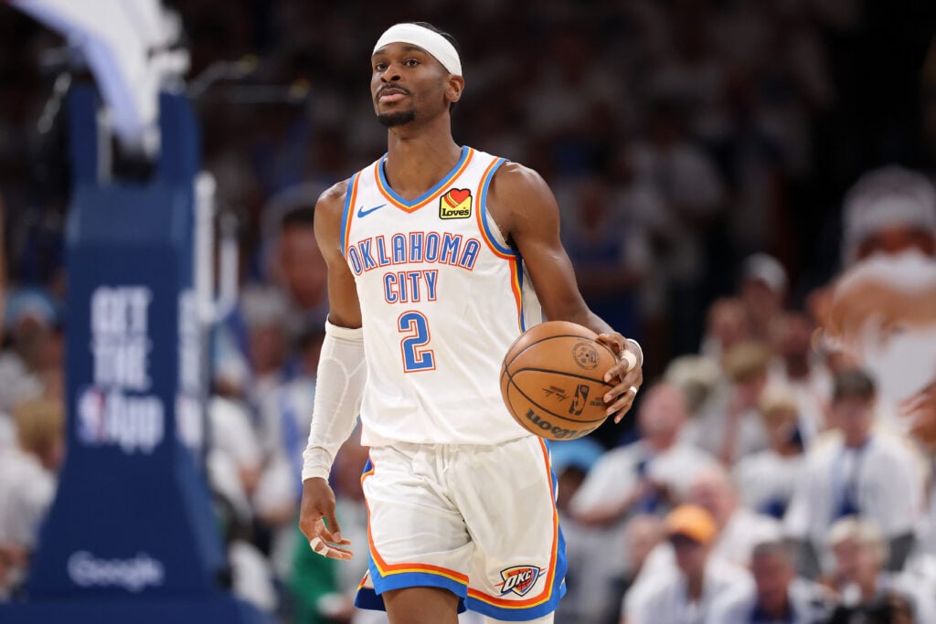 Shai Gilgeous-Alexander #2 of the Oklahoma City Thunder looks on during the fourth quarter of a game against the San Antonio Spurs in Game Five of the NBA Western Conference Finals at Paycom Center on May 26, 2026 in Oklahoma City, Oklahoma.