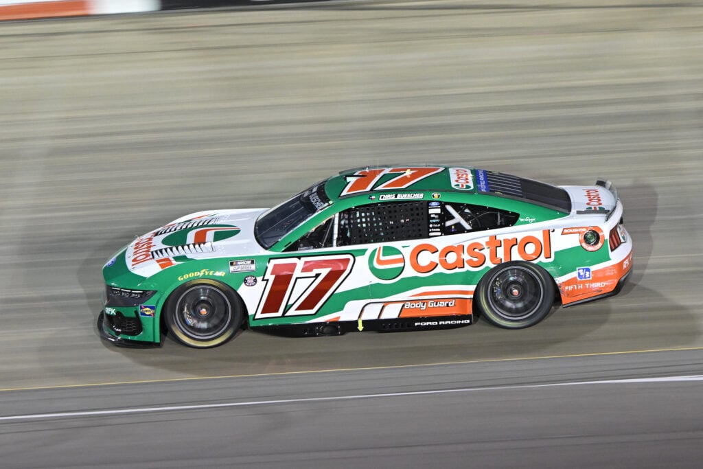 Chris Buescher (#17 RFK Racing Castrol Ford) races through Turn 3 during the running of the NASCAR Cup Series Cracker Barrel 400 on May 31, 2026, at Nashville Superspeedway in Lebanon, TN.