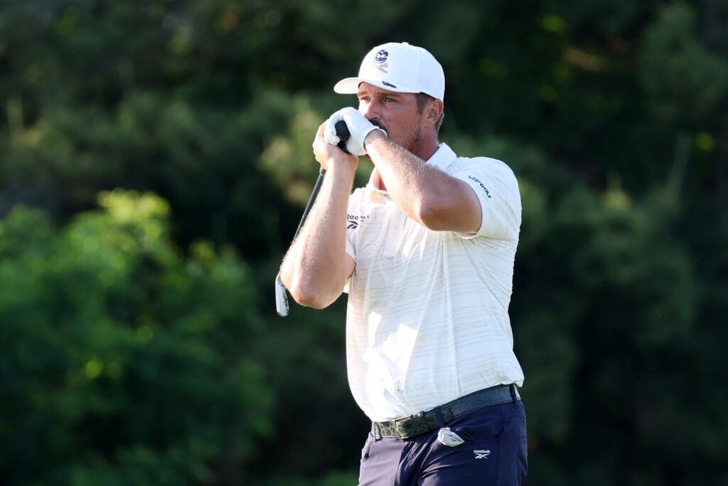 Bryson DeChambeau reacts to his second shot during the second round of LIV Golf Korea