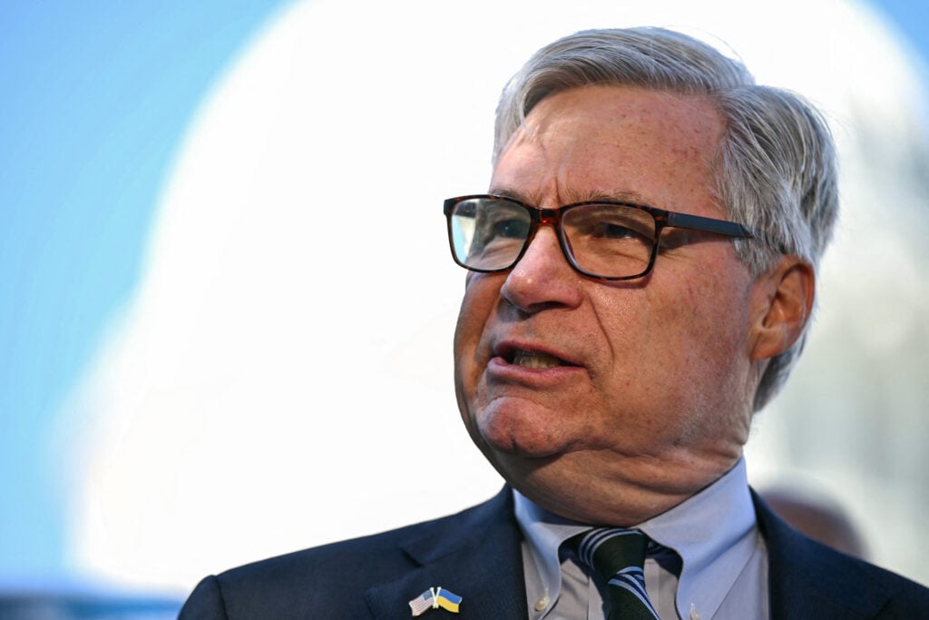 US Senator Sheldon Whitehouse, Democrat from Rhode Island, speaks during an event protesting US President Donald Trump's IRS settlement and his "Anti-Weaponization Fund" outside the US Capitol building.