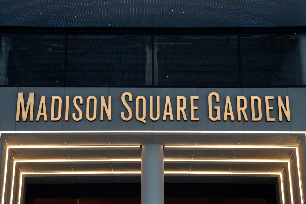 A general view of a Madison Square Garden sign above an entrance to Madison Square Garden.