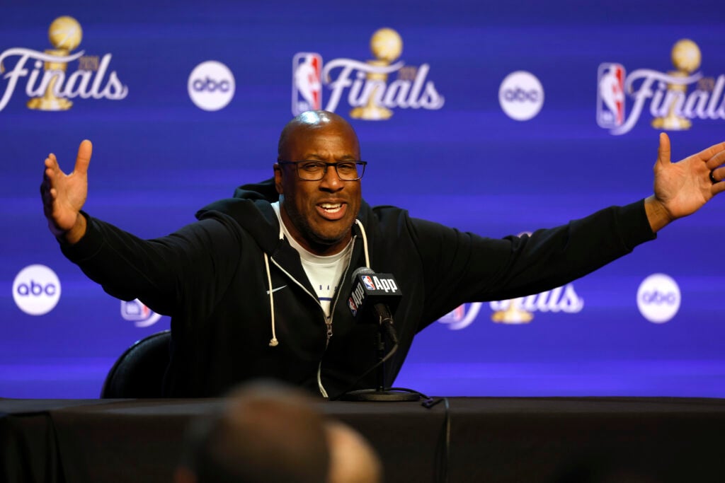 Head coach of the New York Knicks Mike Brown addresses the media at the 2026 NBA Finals - Media Day at Frost Bank Center.