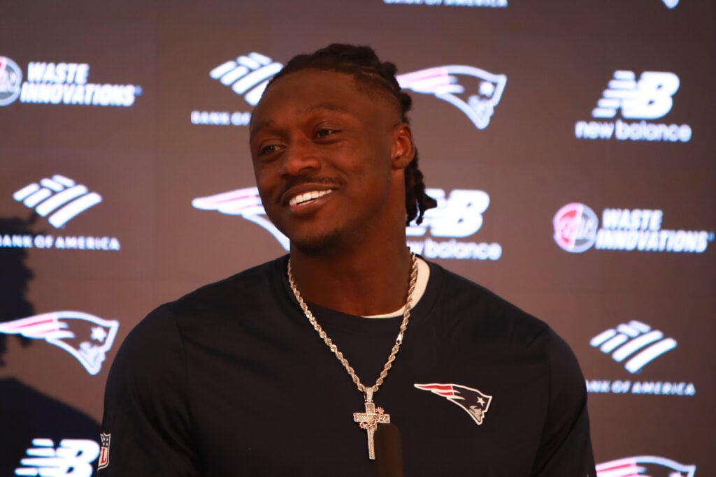 A.J. Brown #1 of the New England Patriots speaks to the media after New England Patriots OTA on June 2, 2026, at Gillette Stadium.
