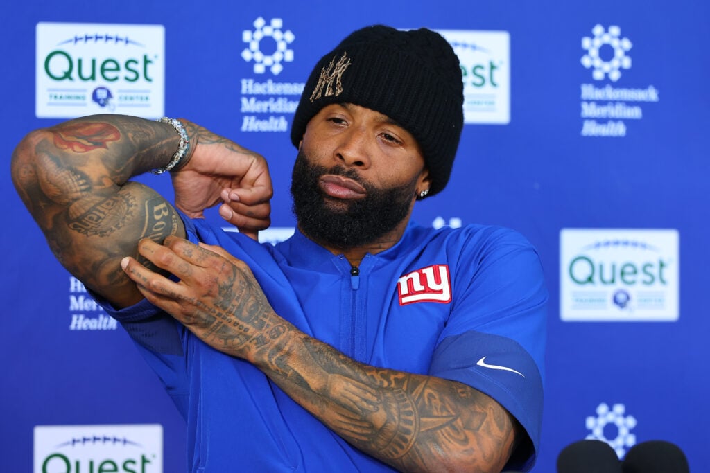 Odell Beckham Jr. #3 of the New York Giants answers questions after OTA Practice on June 3, 2026 at Quest Diagnostic Training Center.