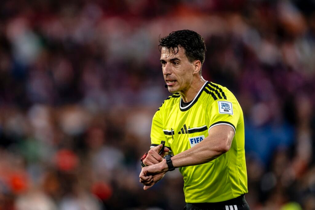 Referee Jakob Semler officiates during the 2026 World Cup friendly match between the Netherlands and Algeria.