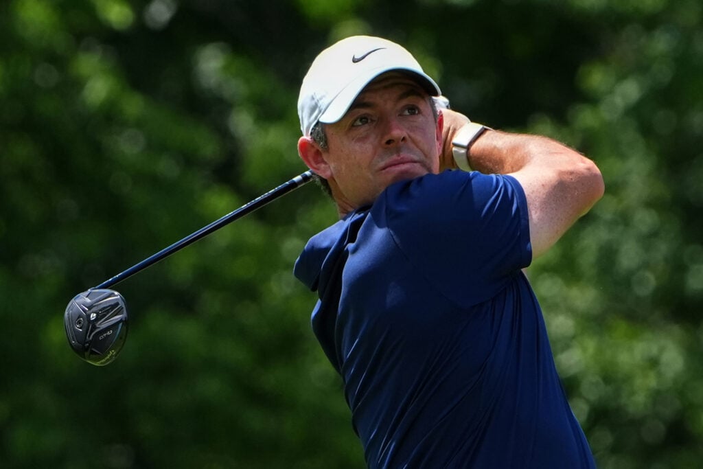 Rory McIlroy hits a tee shot during the opening round of the Memorial Tournament