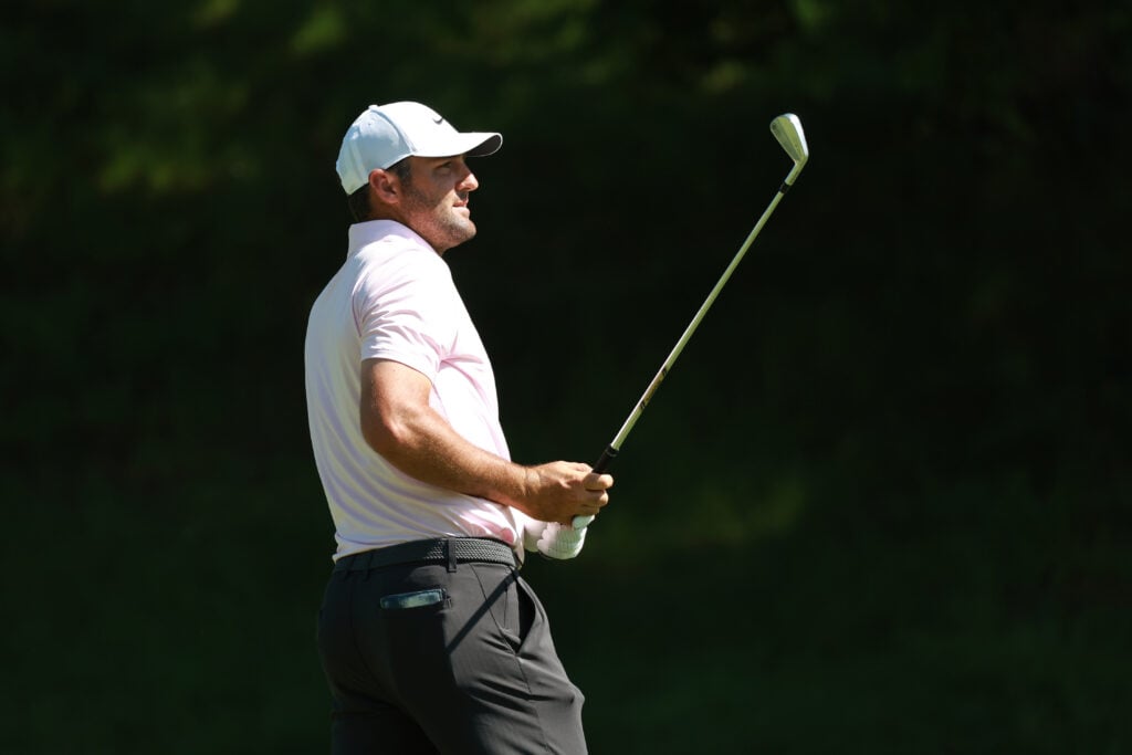 Scottie Scheffler plays his fairway shot on the 11th hole during the first round of The Memorial Tournament presented by Workday at Muirfield Village Golf Club