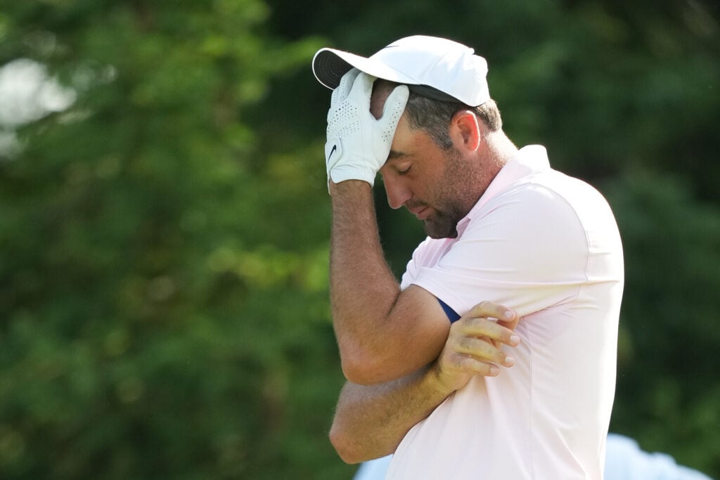 Scottie Scheffler reacts to his tee shot on the 16th hole during the first round of the Memorial Tournament presented by Workday at Muirfield Village Golf Club