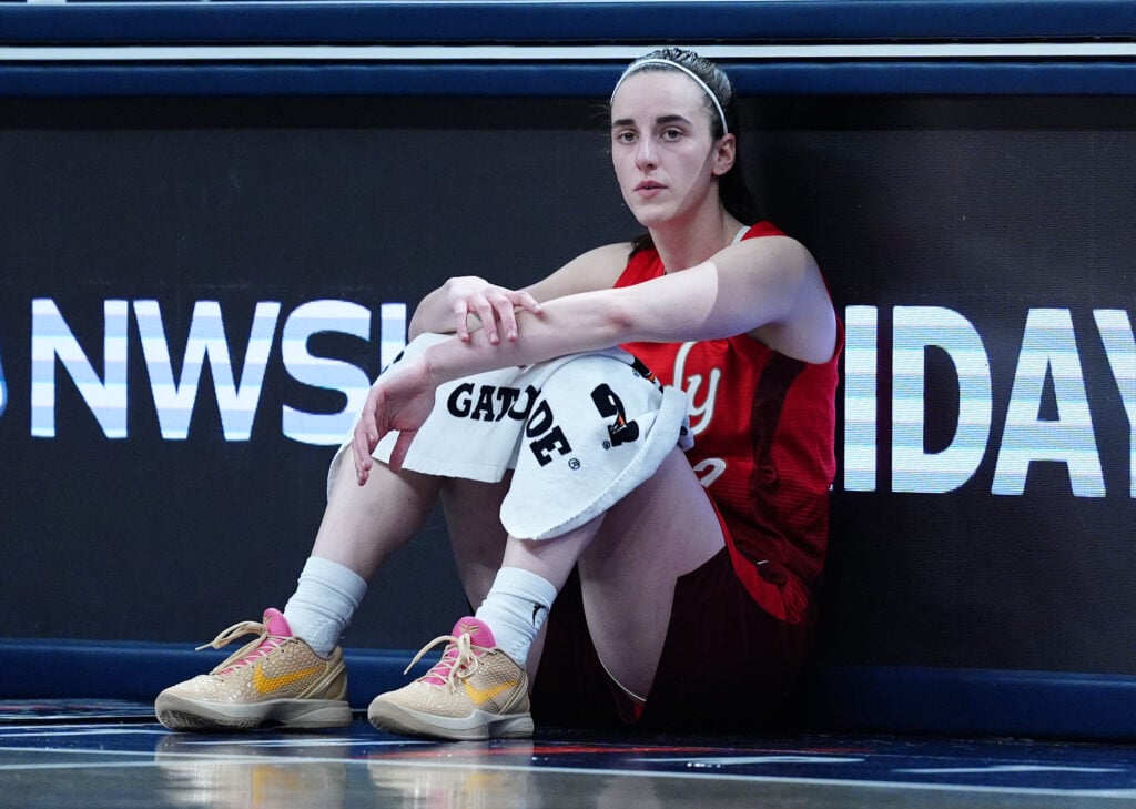 Indiana Fever guard Caitlin Clark (22) waits to check into the game against the Atlanta Dream on June 4, 2026, at Gainbridge Fieldhouse.
