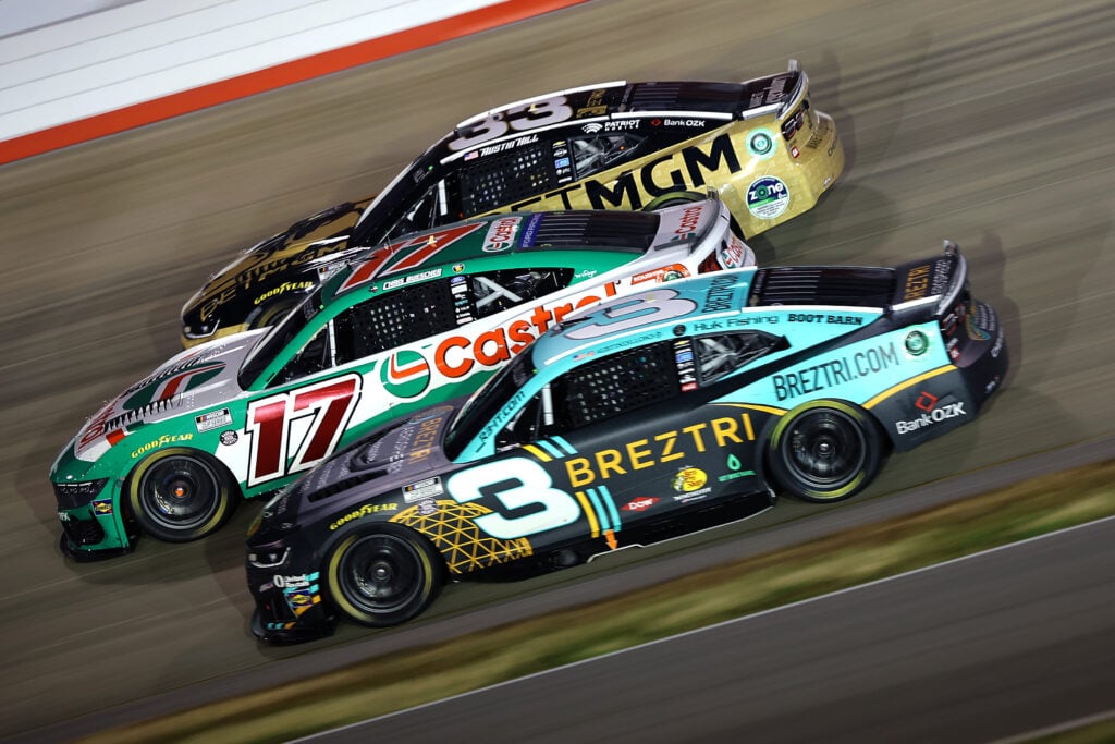 Chris Buescher, driver of the #17 Castrol Ford, Austin Dillon, driver of the #3 BREZTRI Chevrolet, and Austin Hill, driver of the #33 BetMGM Chevrolet, during the NASCAR Cup Series Cracker Barrel 400 at Nashville Superspeedway on May 31, 2026 in Lebanon, Tennessee.