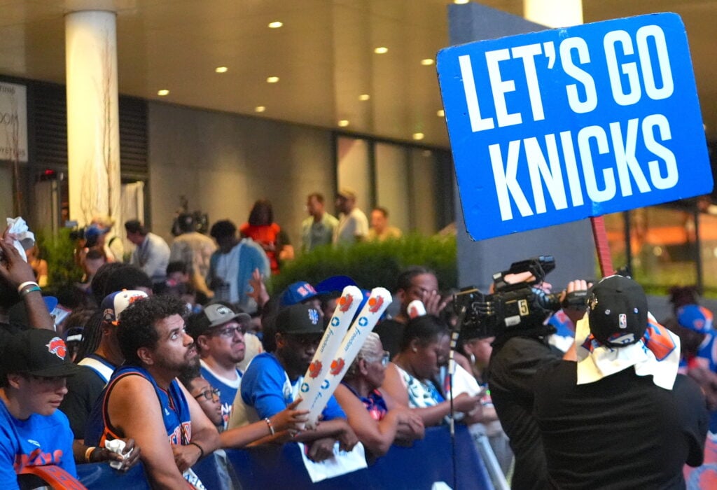 Knicks fans in New York City celebrate after their team's NBA Finals Game 2 win