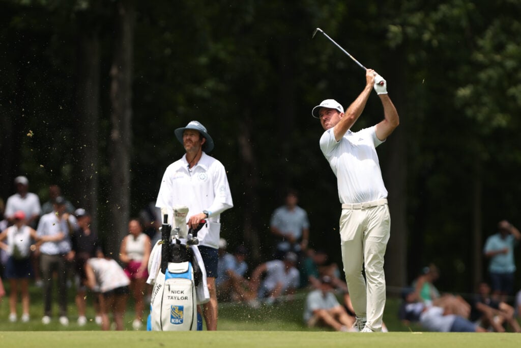 Nick Taylor of Canada hits an approach shot on the 9th hole during the third round of the Memorial Tournament presented by Workday at Muirfield Village Golf Club