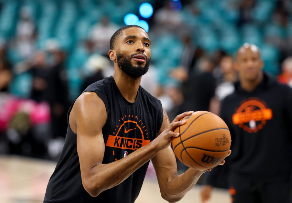 Mikal Bridges #25 of the New York Knicks warms up prior to a game against the San Antonio Spurs in Game One of the 2026 NBA Finals at Frost Bank Center on June 03, 2026 in San Antonio, Texas.