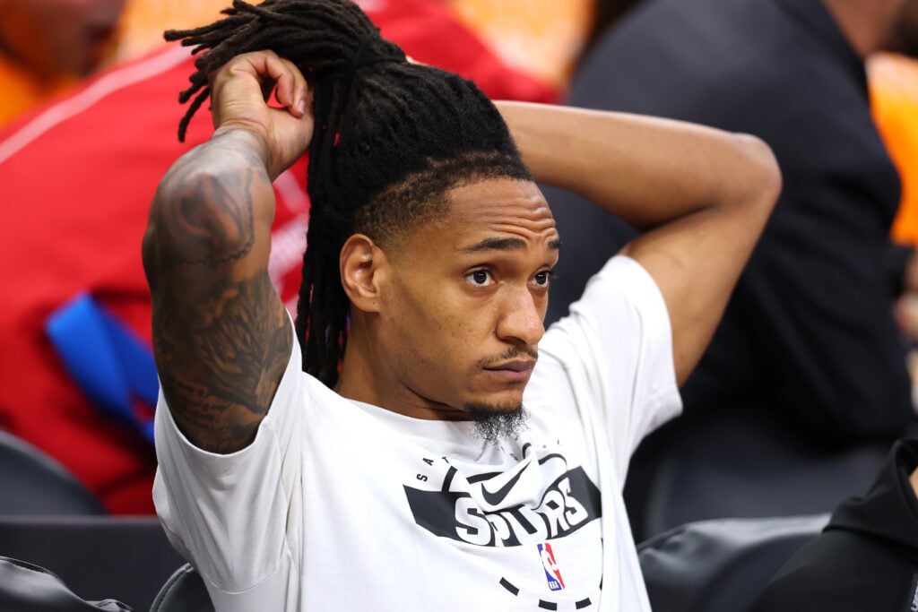 Stephon Castle #5 of the San Antonio Spurs looks on prior to a game against the New York Knicks in Game One of the 2026 NBA Finals at Frost Bank Center.