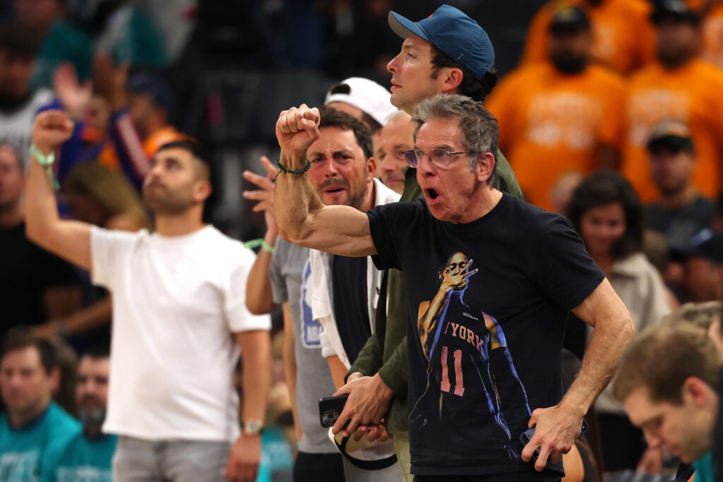 American actor and comedian Ben Stiller reacts during Game One of the 2026 NBA Finals between the San Antonio Spurs and the New York Knicks at Frost Bank Center on June 03, 2026 in San Antonio, Texas.