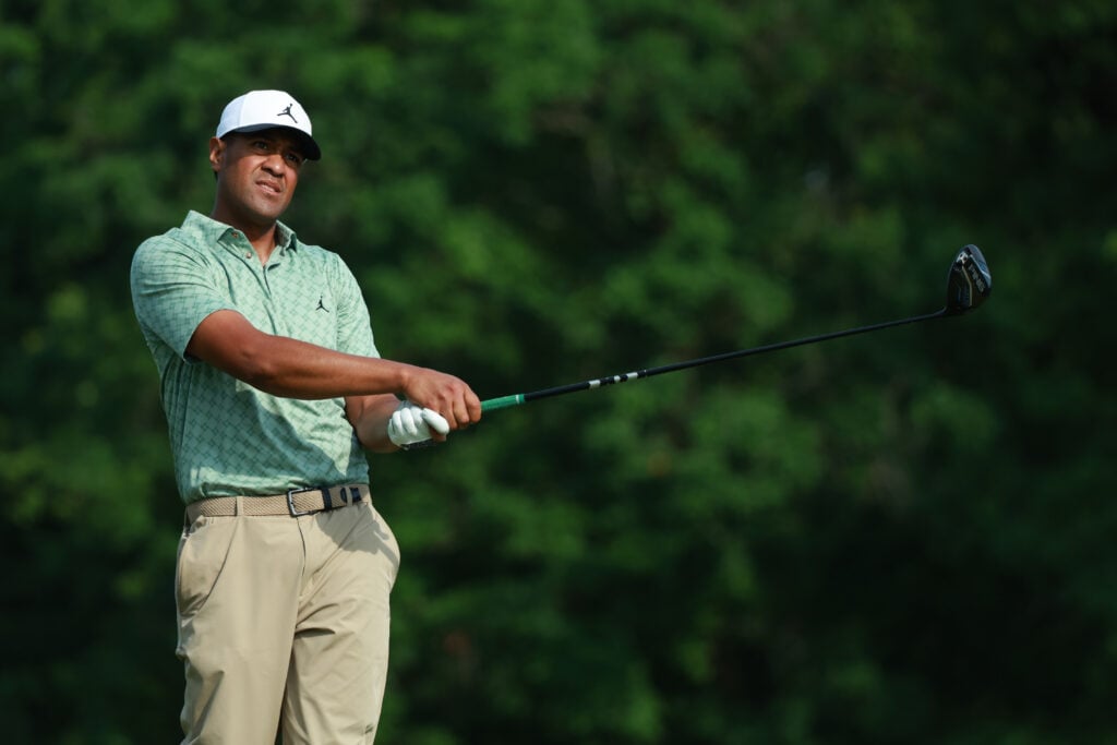 Tony Finau plays his tee shot on the 18th hole during the conclusion of the third round of The Memorial Tournament