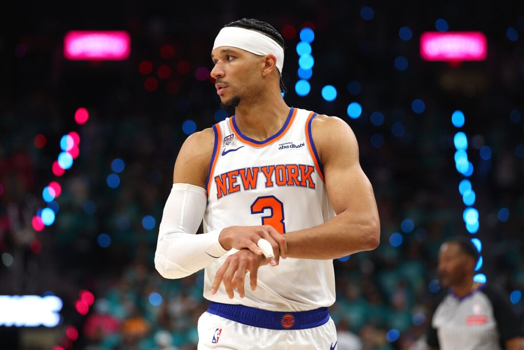 Josh Hart #3 of the New York Knicks reacts during the fourth quarter against the San Antonio Spurs in Game One of the 2026 NBA Finals at Frost Bank Center.