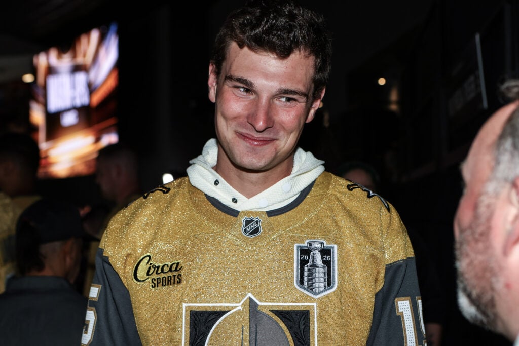 Las Vegas Raiders quarterback Fernando Mendoza #15 attends game 3 of the 2026 Stanley Cup Final between the Vegas Golden Knights and the Carolina Hurricanes