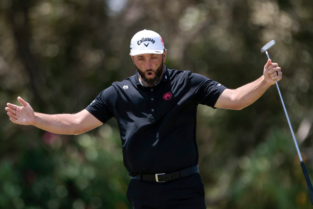 Jon Rahm looks frustrated during the fourth round of LIV Golf Andalucia