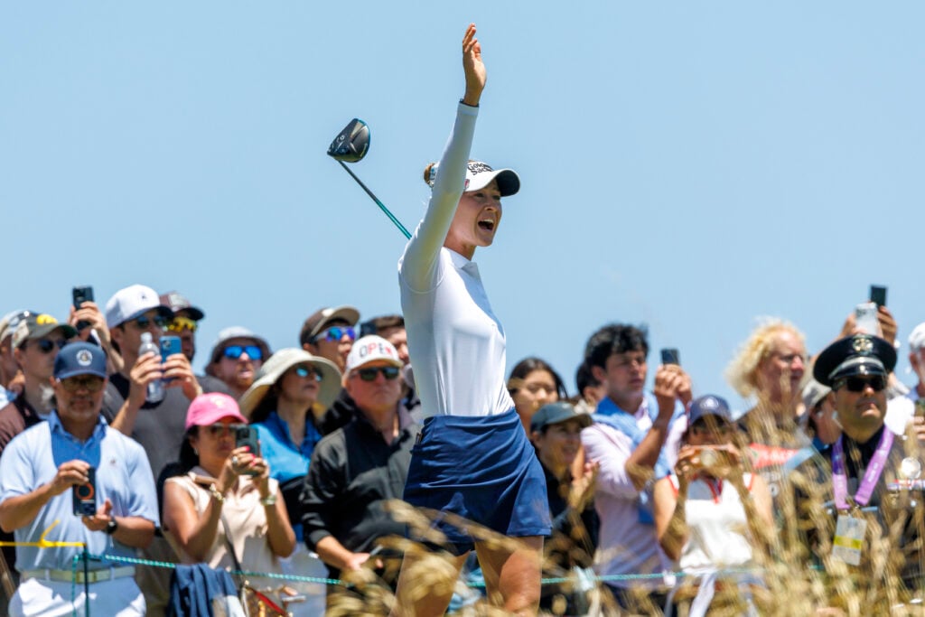 Nelly Korda yells "fore right" after her tee shot heads towards the right rough on No.3 during the final round of the 81st U.S. Women's Open