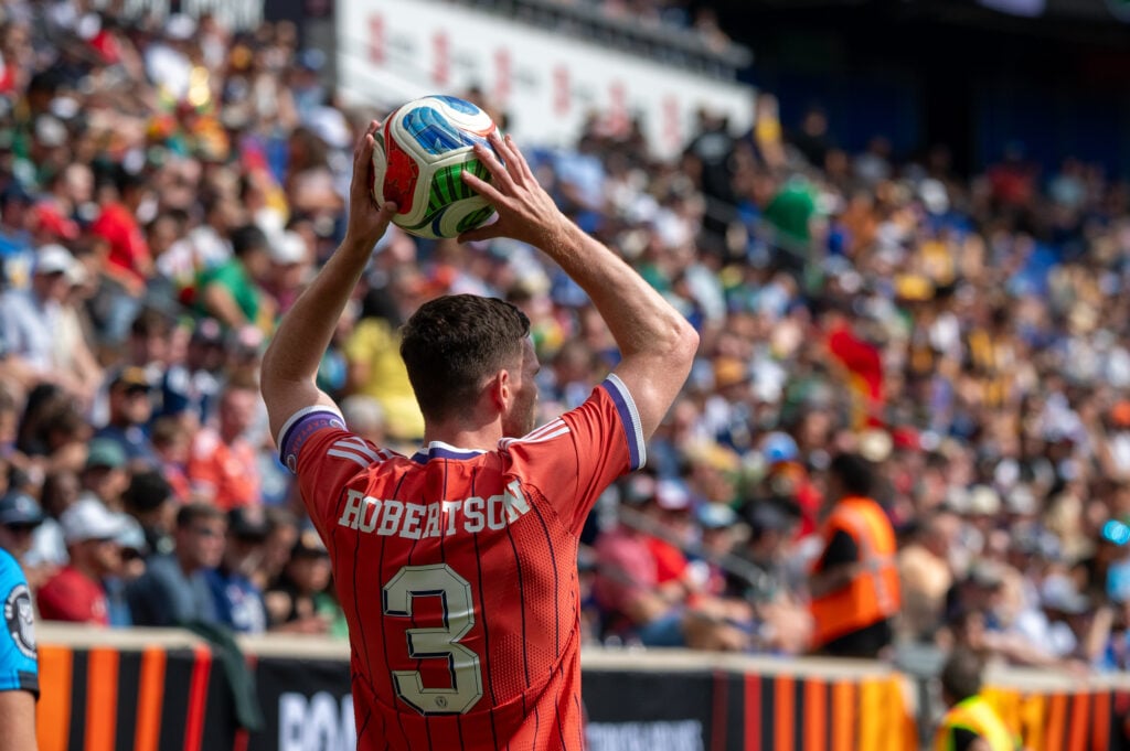 Andrew Robertson (3) of Scotland prepares to take a throw-in