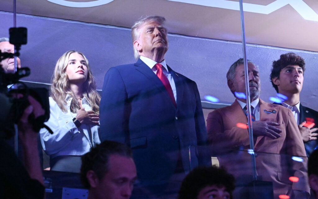 US President Donald Trump attends Game Three of the NBA Finals between the San Antonio Spurs and the New York Knicks at Madison Square Garden.