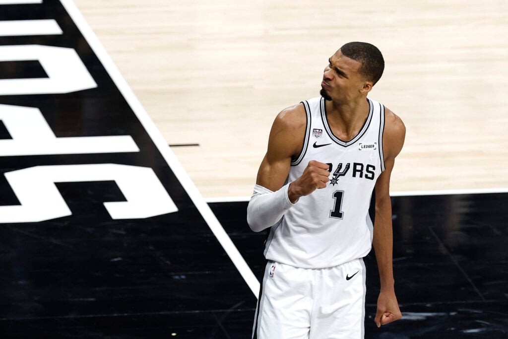 Victor Wembanyama #1 of the San Antonio Spurs reacts after his made basket during the fourth quarter against the New York Knicks in Game Two of the 2026 NBA Finals at Frost Bank Center.